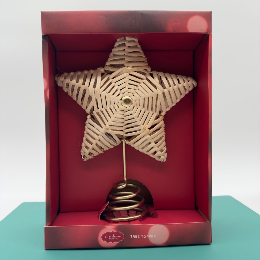 St Nicholas Square Woven Rattan Star Christmas Tree Topper Rustic Boxed